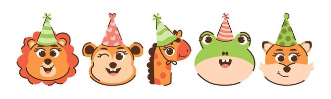A cheerful illustration featuring a group of cute cartoon animals wearing party hats. These animals include a lion, bear, giraffe, frog, and fox, adding a festive touch for celebration vector