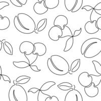 Seamless pattern with continuous one line drawing cherry and pear. Hand drawn white and black berries for fabric, packaging paper and more. vector