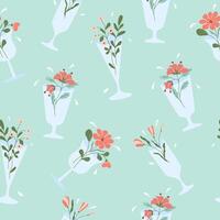 Seamless pattern with abstract flowers in wine drinking glass. Spring flower drink. Fashion spring, summer print template. vector