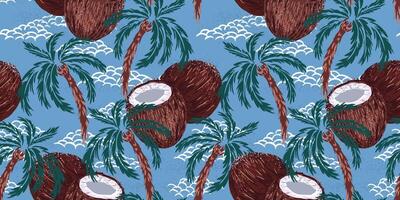 Seamless tropical pattern with hand drawn coconut palm trees and brown coconuts on a bright blue background with clouds. Detailed vintage style texture, perfect for textiles, wallpapers, packaging vector