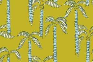 Seamless pattern with abstract hand drawn palm trees in blue tones on a salad green color background. Tropical and artistic, perfect for summer designs, textiles, wallpapers, fashion, branding vector