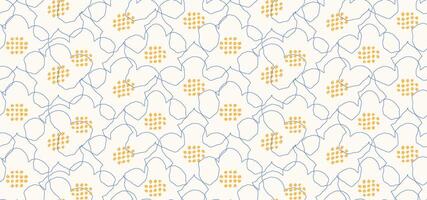 Minimalist seamless pattern with abstract floral outlines in blue and hand drawn yellow dots on a light background. Elegant, modern, and delicate, perfect for textiles, wallpapers, and branding vector