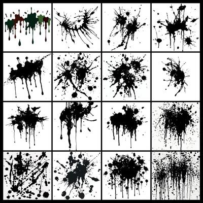 Set of Abstract Paint Splatters and Drips in Black and White Tones