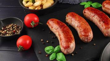 salsichas em uma Preto ardósia mesa com tomates e especiarias video