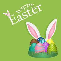 Greeting card with 3D element featuring adorable white Easter bunny ears sticking out from behind decorated Easter eggs placed on the grass, and - Happy Easter - text on a green background. vector