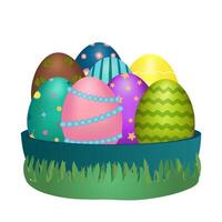 3D elements featuring a basket on the grass, filled with brightly colored ornate Easter eggs with various patterns and designs on white background. Perfect for holiday celebrations and decorations. vector