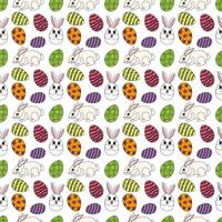 Cute seamless pattern featuring white rabbits, Easter bunnies, and decorated eggs in vibrant colors and various patterns on a white background. Cartoon flat style. Perfect for gift box decorating. vector