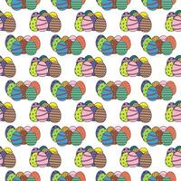 Seamless pattern with vibrant decorated eggs in various colors and patterns on a white background. Cartoon flat style. Perfect for wrapping paper, wallpaper, and gift box decorating. vector