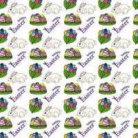 Seamless pattern with Easter bunnies, ornate eggs in the grass, bouquets of spring tulips, and - Happy Easter - text on a white background. Cartoon flat style. Perfect for wrapping paper and wallpaper vector