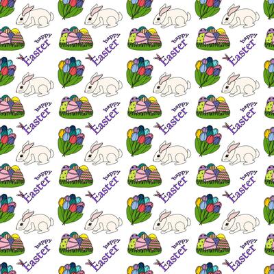 Seamless pattern with Easter bunnies, ornate eggs in the grass, bouquets of spring tulips, and - Happy Easter - text on a white background. Cartoon flat style. Perfect for wrapping paper and wallpaper