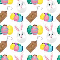 Festive seamless pattern with 3d anthropomorphic characters featuring anthropomorphic smiling Easter bunnies eggs, colorful decorated and painted eggs, and - Happy Easter - tags on a white background. vector