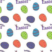 Seamless pattern featuring decorated Easter eggs and - Happy Easter - text on a white background. Cartoon and flat style. Perfect for wrapping paper, wallpaper, and gift box decorating. vector