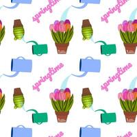 Seamless pattern with 3D elements featuring blooming tulips, watering cans, potted plants, cactus, and - springtime and Happy Easter - text on a white background. Perfect for wrapping paper, wallpaper vector