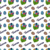 Seamless pattern with multicolored of spring tulip bouquets, ornate Easter eggs, and - Happy Easter - text on white background. Cartoon flat style. Perfect for wrapping paper, and gift box decorating. vector