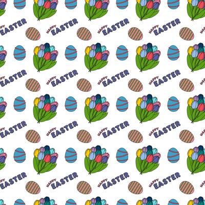 Seamless pattern with multicolored of spring tulip bouquets, ornate Easter eggs, and - Happy Easter - text on white background. Cartoon flat style. Perfect for wrapping paper, and gift box decorating.