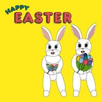Greeting card with two anthropomorphic characters featuring adorable smiling white Easter bunnies holding decorated eggs and colorful spring tulips on a vibrant yellow background. Perfect for holiday. vector