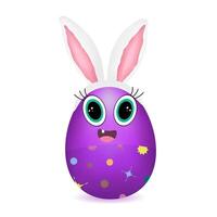 Adorable 3D anthropomorphic character from a purple Easter egg in the shape of a baby with bunny ears, big cartoon turquoise eyes and a cheerful smile, decorated with colorful patterns. vector