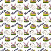 Seamless pattern featuring white rabbits, Easter bunnies ears, ornate eggs in the grass, and - Happy Easter - text on a white background. Cartoon flat style. Perfect for wrapping paper and gift box. vector