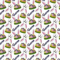 Colorful seamless pattern featuring a white Easter bunnies face, decorated eggs in grass, bunny ears, and - Happy Easter - text on a white background. Cartoon flat style. Perfect for wrapping paper. vector