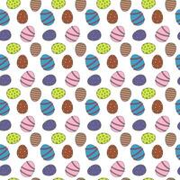 Seamless pattern of simple colorful decorated Easter eggs on a white background. Cartoon flat style. Perfect for wrapping paper, wallpaper, and gift box decorating. vector