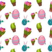 Seamless pattern with 3d anthropomorphic characters featuring happy family eggs watering flowers with a watering can, tulips, potted plants, cactus and festive holiday elements on a white background. vector
