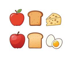 a set of different foods including bread, eggs, cheese and an apple vector