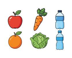 a set of vegetables and fruits including carrots, apple, orange, lettuce, and water bottle vector
