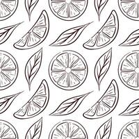 Seamless citrus slice pattern with line art style lemon segment and leaf. Perfect for organic food packaging, kitchen textile, fresh summer design and natural fruit theme background. vector