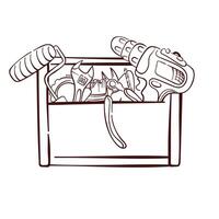 Line art illustration of a toolbox filled with various tools including a drill, wrench, pliers and roller. Repair maintenance and construction concept isolated on a white background. vector