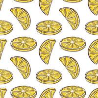 Hand drawn lemon slice seamless pattern in flat style on white background. Ideal for fun kitchen print, summer decor, packaging and citrus themed design project. vector