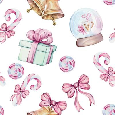 Watercolor seamless pattern - candy cane, Christmas sweet peppermint cinnamon lollipop pink white, gift with red bow, green box, Jingle golden bells. Romantic retro style. Winter festive decor.