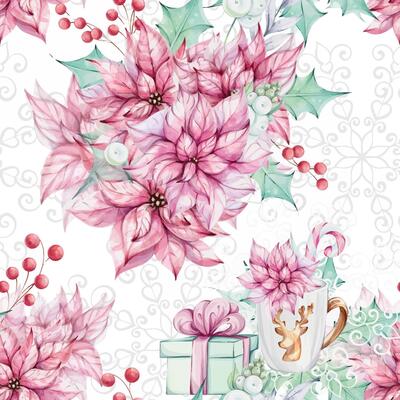 Watercolor seamless pattern - Christmas arrangement red lantern with Red poinsettia and holly green leaves, gift and mug with candy cane. Openwork snowflake. Romantic retro style. Winter festive decor