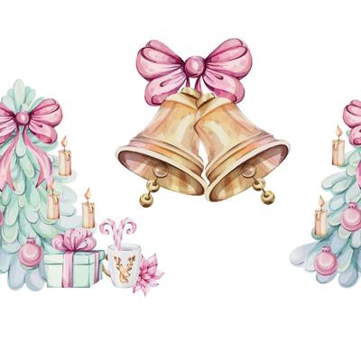 Christmas watercolor seamless border - christmas tree, compositions with holly green leaves and mistletoe, red berries. Jingle golden bell with bow. Winter composition, decor. December nature.
