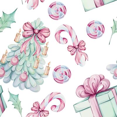 Watercolor seamless pattern - candy cane, Christmas three, sweet peppermint cinnamon lollipop pink white, gift with red bow, green box, Jingle golden bells. Romantic retro style. Winter festive decor.