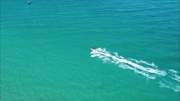 Aerial view of the jet ski in clear blue water on summer sunny day. Top drone view of fast floating motorboat in ocean. video