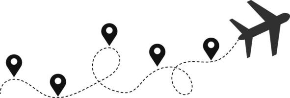 airplane road with dashed line icon. airplane with locationflying plane with twisted. curved and straight dashed trace path. plane route trace flight vector