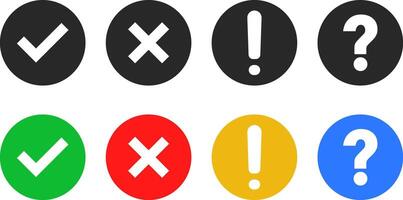 check mark, cross mark, info and question icon set. right and wrong sign concept. tick mark symbol and x cross icon in circle shape vector
