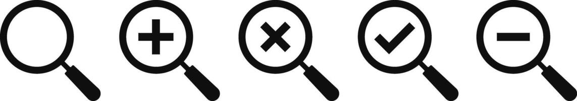 Magnifying glass icon set. loupe sign with check mark, plus symbol. Search icons vector