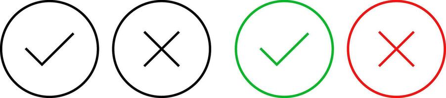 Check mark and cross mark icons set. right and wrong sign concept. tick mark symbol and x cross icon in circle shape vector