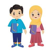 Islamic Children Carrying Sajadah on the Way to Mosque in Colorful Flat Design vector