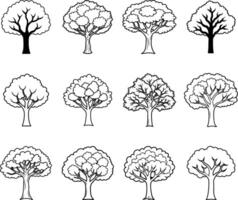 Twelve Simple Black Outline Drawings of Various Trees vector