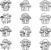 Nine Sets of Line Art Mushrooms for Coloring Pages vector