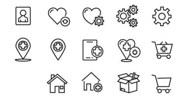 Medical and System UI Icons Set Line Style Healthcare, Location, Cart, Gear, and Home Icons vector