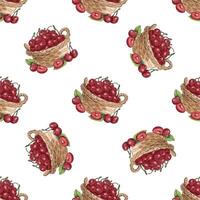 Hand drawn seamless pattern with wicker baskets full of cherries and cherry halves, vintage sketch fruit design vector