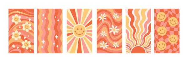 Patterned retro backgrounds with flowers, emoji, hearts. Rainbow palettes in groovy and hippie style. Nostalgic patterns vector