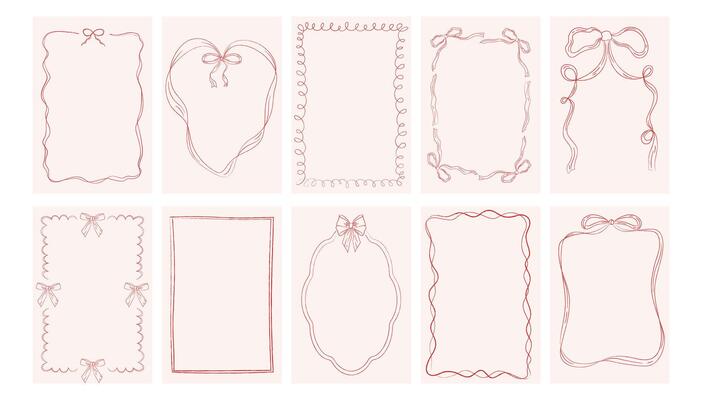 Set of hand drawn vintage frames. Wavy ribbon borders, retro bows. templates for graphic design