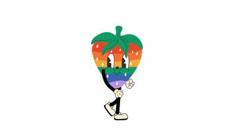 Groovy retro cartoon cute funny rainbow Strawberry walking in a seamless loop animation with transparent background. video