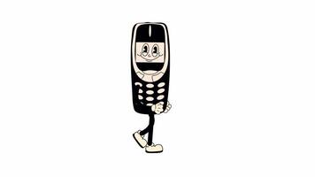 Groovy retro cartoon old cell phone walking in seamless loop animation, 70s-inspired with transparent background video