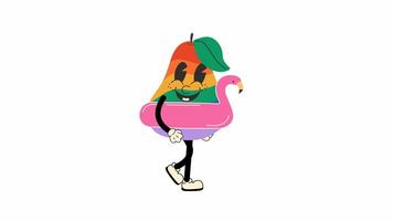 Groovy retro cartoon cute funny rainbow pear with an inflatable circle walking in a seamless loop animation with transparent background. video