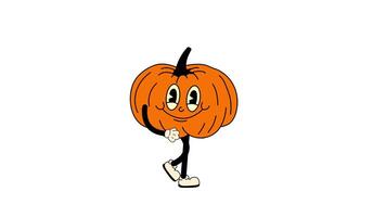 Groovy retro cartoon pumpkin walking in a seamless loop animation with transparent background. video